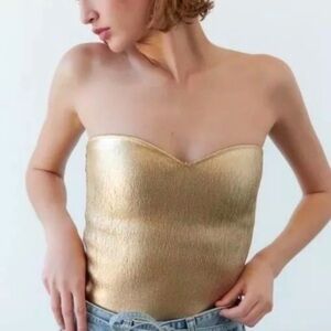 ZARA Gold Metallic Foil Sweetheart Strapless Knit Crop Top NWT